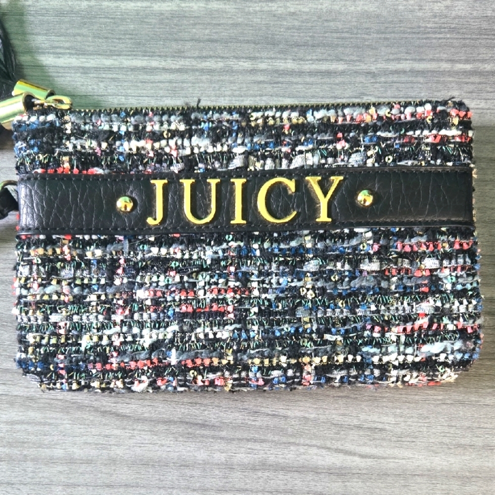 Juicy Couture Double Zipper Tweed Wristlet NWOT New W Out Tags Bling Crown Logo